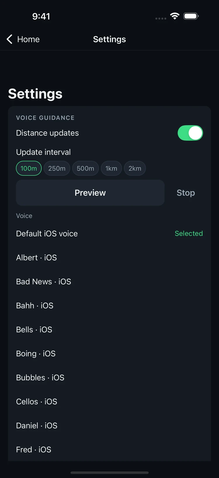 5km voice settings showing announcement intervals and voice selection