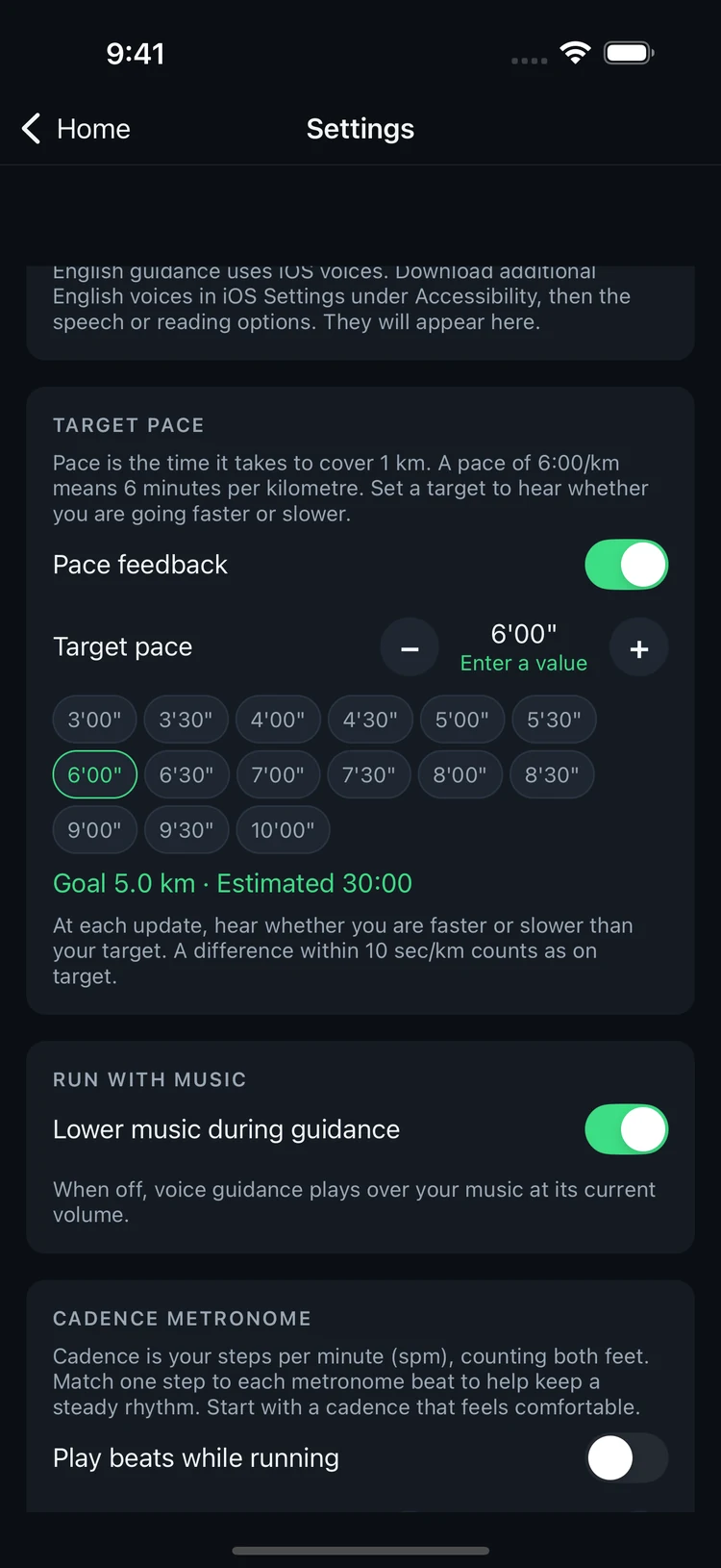 Target pace presets and estimated finish time in 5km