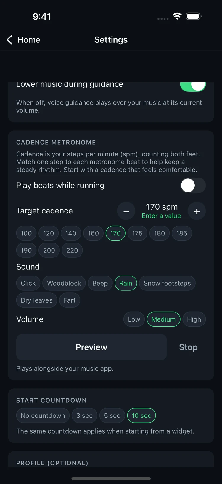 Cadence metronome settings with tempo, sound and volume options