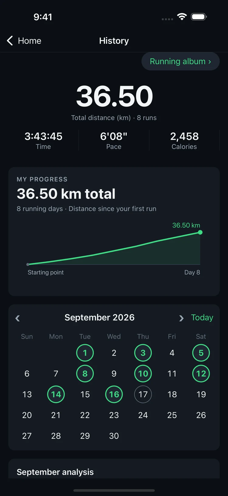 Running history with a cumulative distance graph and calendar