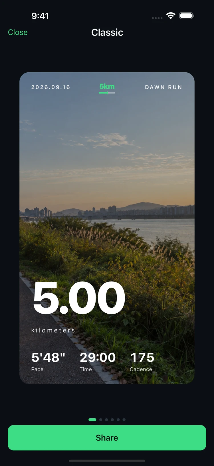 A photo card displaying a 5 km run and running stats